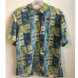 清爽藍綠色格子花紋拼接 夏日短袖襯衫上衣 格紋格文