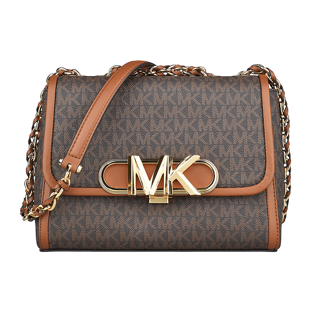 MK MICHAEL KORS PARKER金字LOGO印花PVC翻蓋釦式鏈帶肩背斜背包(中/深褐x橡子棕)