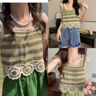(時尚精選針織背心)渡假🏖刺繡花朵針織寬鬆吊帶背心女 夏季新款韓版復古設計感無袖上衣外搭新款復古短版吊帶背心女內搭夏季設