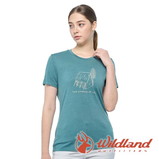 【wildland 荒野】女100%美麗諾150 印花短袖衣 『莫蘭迪藍』0B02603
