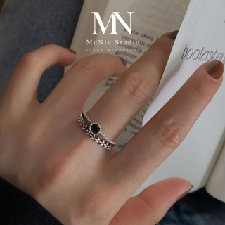 MuNiu 黑瑪瑙雙層戒指．可調式戒指 開口戒指 桂冠戒指 花戒指 簡約 韓國飾品－全現貨賣場
