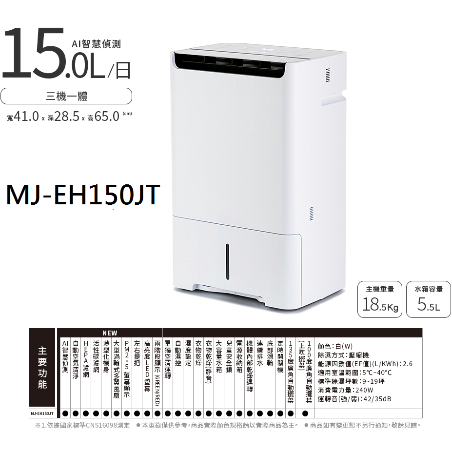 【生活鋪】三菱15L空氣清淨除濕機 MJ-EH150JT MJ-EH150JT-TW