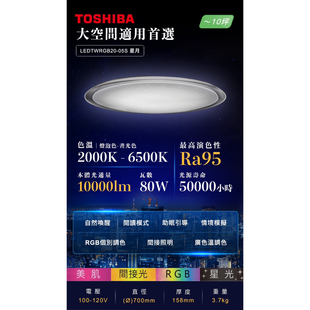 TOSHIBA 東芝 星月 RGB調光調色遙控吸頂燈 80W LEDTWRGB20-05S 美肌燈