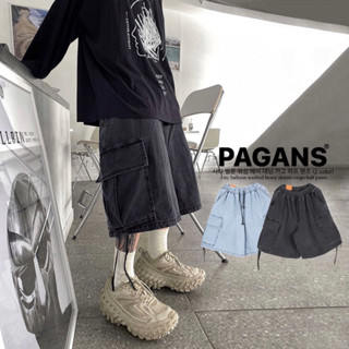 【PAGANS STORE】韓國 重磅 水洗 仿舊 街頭 工裝 寬鬆 五分 牛仔 短褲 牛仔褲 (2 color)