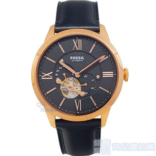 FOSSIL ME3170手錶 鏤空 機械錶 12、24時制雙顯 玫瑰金殼 黑面 黑色錶帶 44mm男錶【澄緻精品】