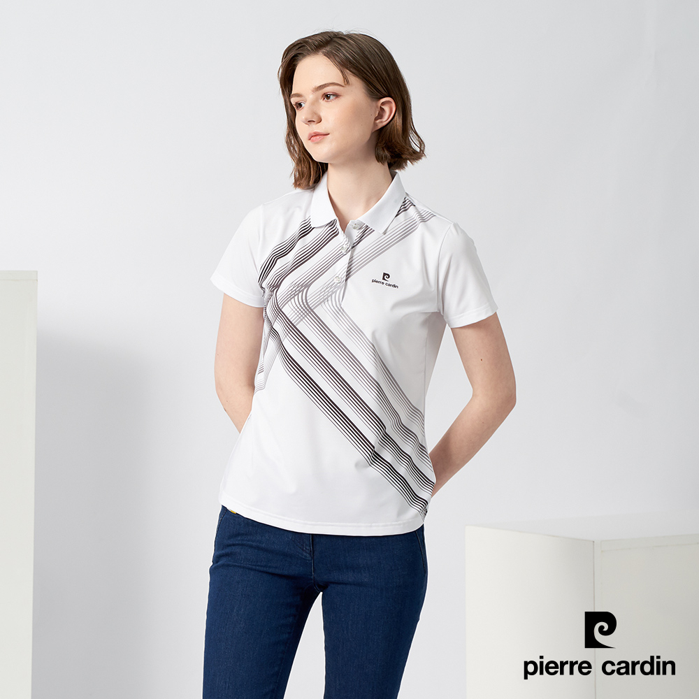 【pierre cardin 皮爾卡登】女款 吸濕排汗微彈性胸前印花短袖polo衫-白色 (4227204-90)