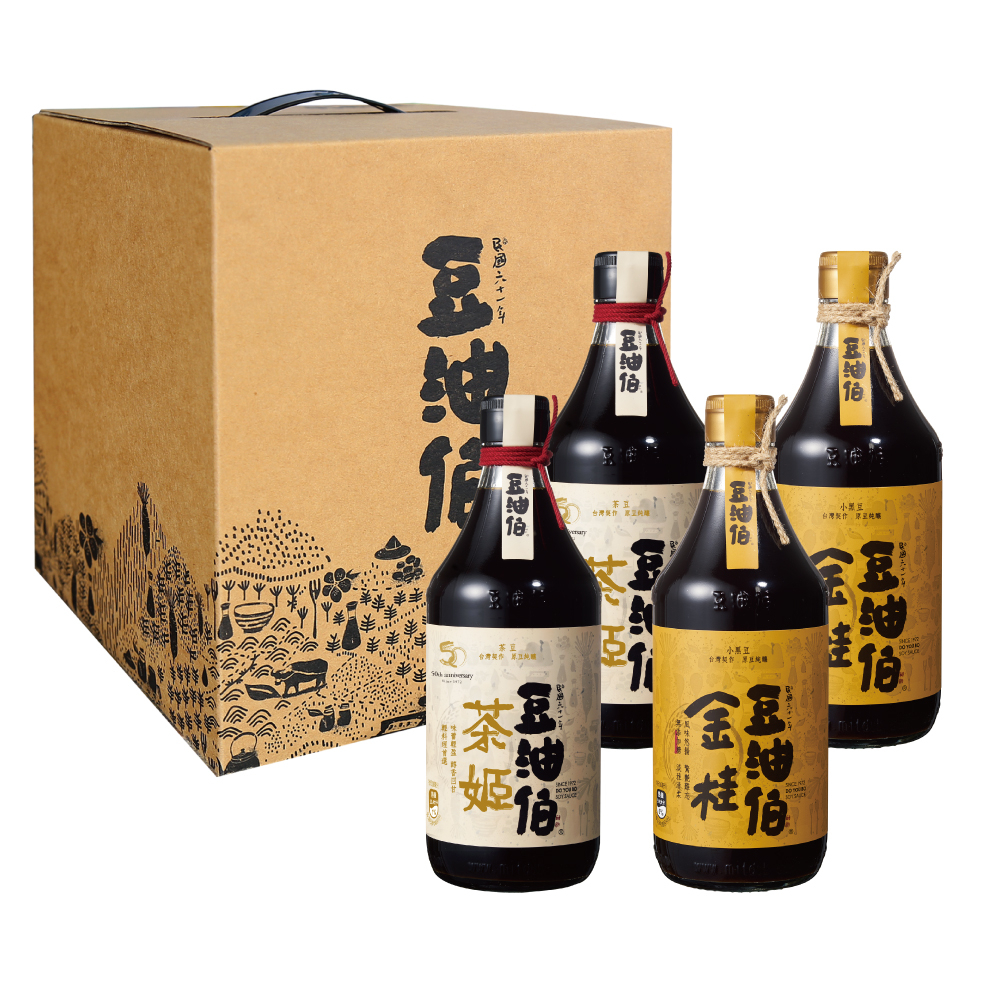 【豆油伯】純豆風味醬油禮盒(金桂醬油500ml*2瓶、茶姬醬油500ml*2瓶)