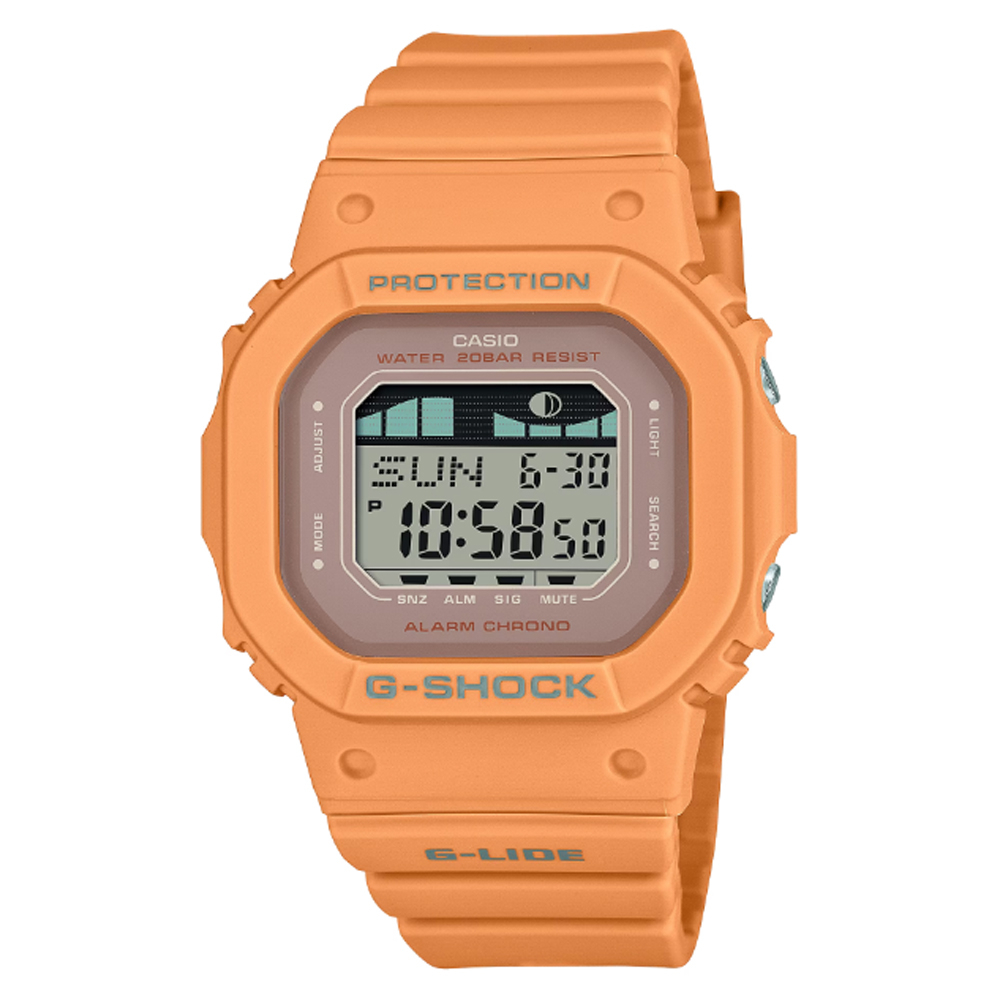 【CASIO 卡西歐】G-SHOCK 潮汐月相 纖薄衝浪電子錶-淡橙(GLX-S5600-4 防水200米)