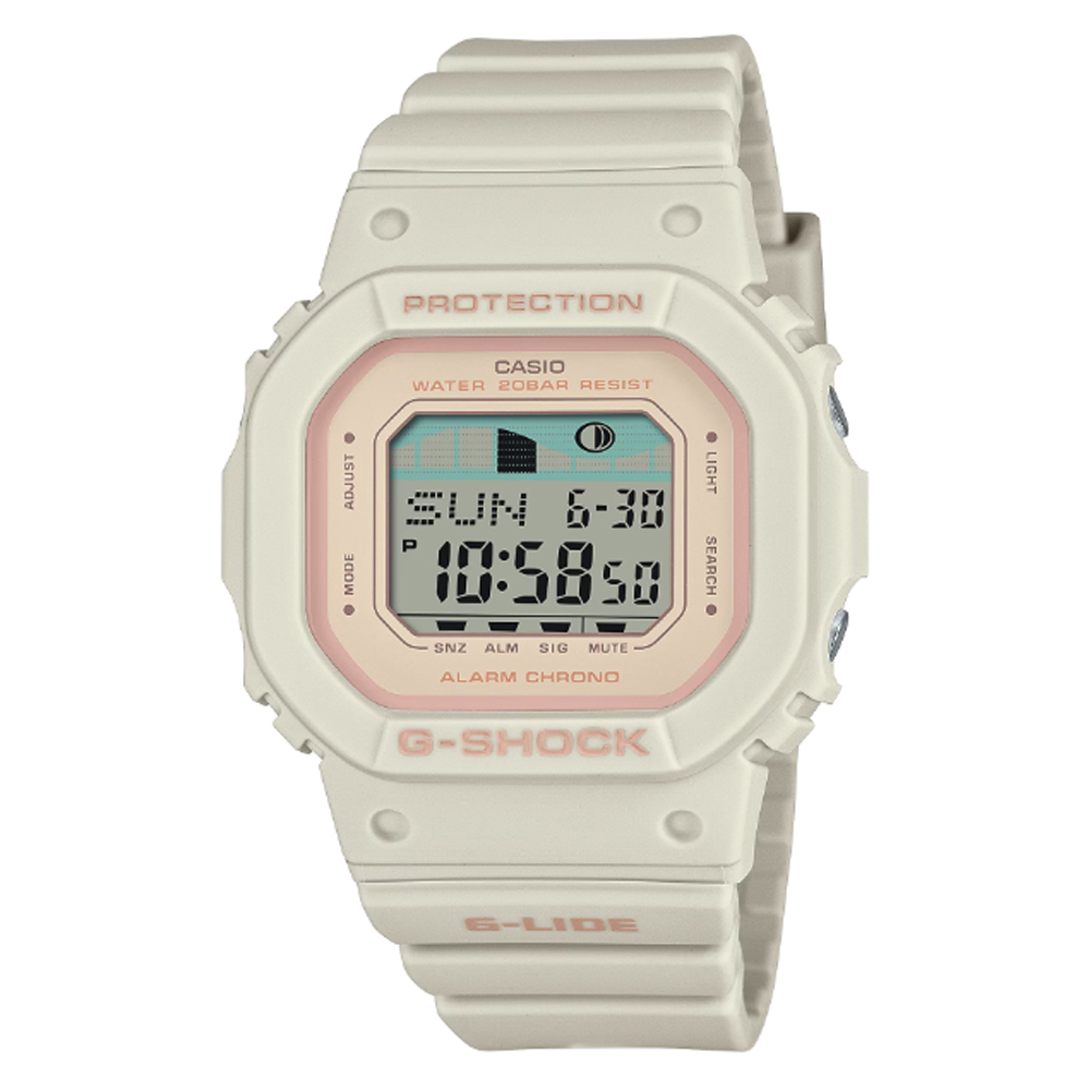 【CASIO 卡西歐】G-SHOCK 潮汐月相 纖薄衝浪電子錶-米白(GLX-S5600-7 防水200米)