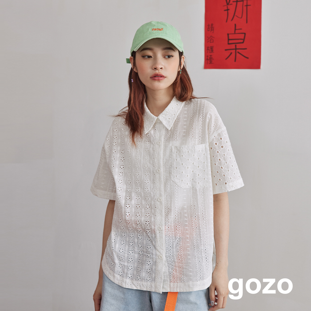 【gozo】三種提花鏤空拼接短袖襯衫(白色_F) | 純棉 顯瘦 百搭