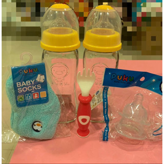PUKU卡哇伊玻璃奶瓶禮包組 奶嘴 學習叉子 襪子