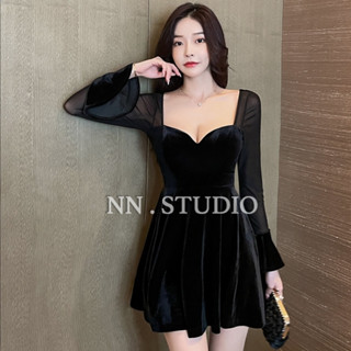 【隔日到】N.N STUDIO 性感洋裝深v修身遮肚長袖A字裙低胸顯瘦絲絨夜店連身裙酒店小禮服