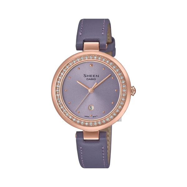 【CASIO SHEEN】低調奢華日期皮革腕錶-紫 SHE-4556PGL-6A