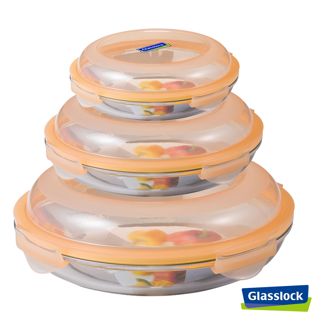 【全新現貨特價】GLASSLOCK格拉氏洛克強化玻璃保鮮盤3入組Plus系列 大中小尺寸圓盤收納保鮮盒可微波洗碗機好收納