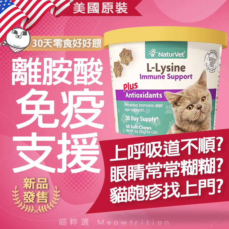 現貨🎁美國 NaturVet 賴胺酸 離氨酸 零食🐱喵粹選 貓咪專用 賴氨酸 離胺酸 免疫系統 貓皰疹 貓 寵物保健食品