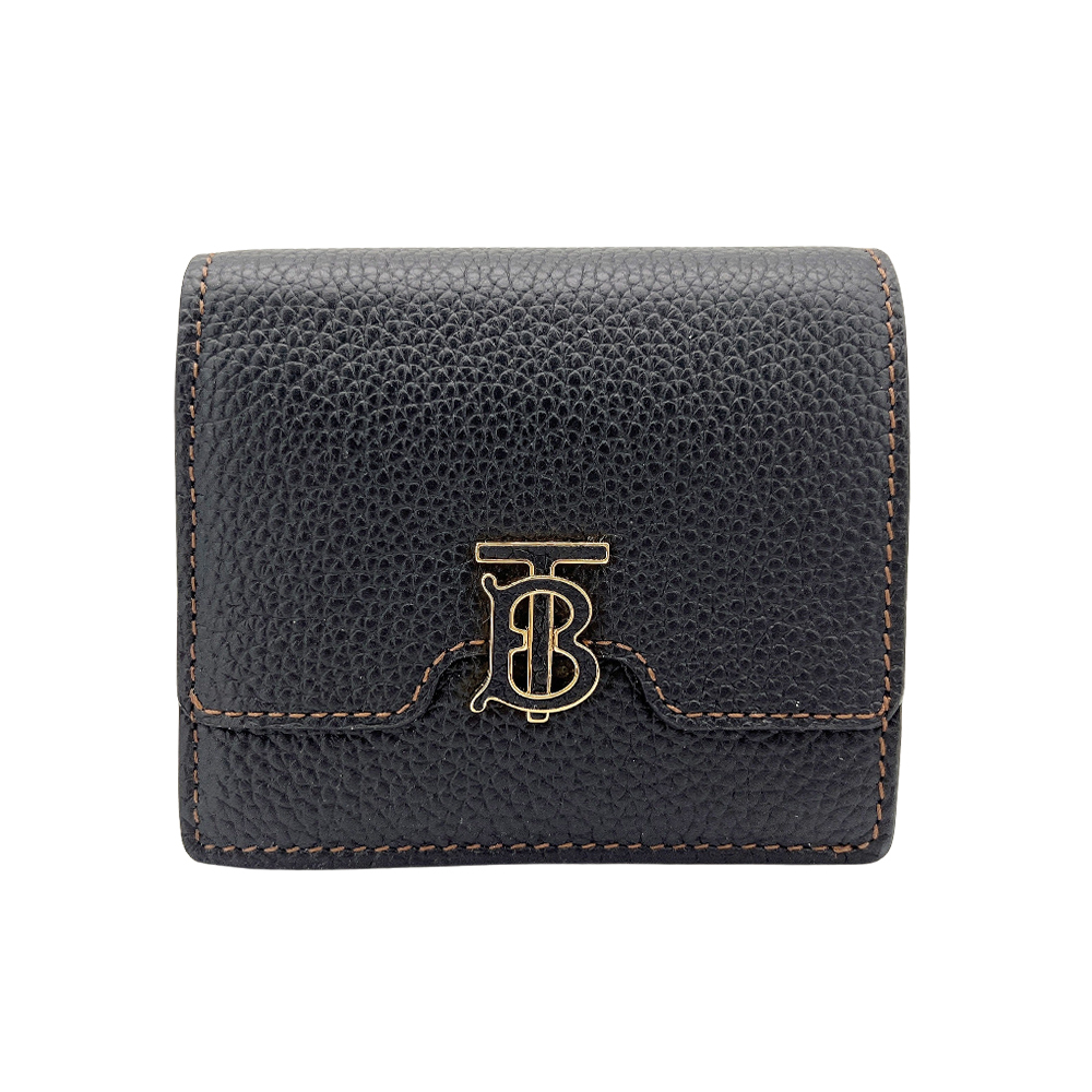 Burberry TB logo 粒紋牛皮釦式對開零錢袋短夾(8062347-黑)