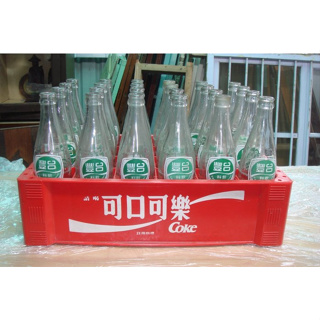 早期台豐汽水350cc飲料玻璃空瓶搭可口可樂箱24瓶裝