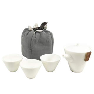 【YU Living】旅行用陶瓷茶具四件組 泡茶壺160ml 茶杯60ml 旅行收納包 [折扣碼現折]