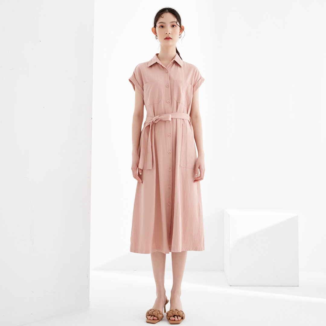 【ERSS】魅力焦點長版襯衫洋裝-女 粉色 S90034