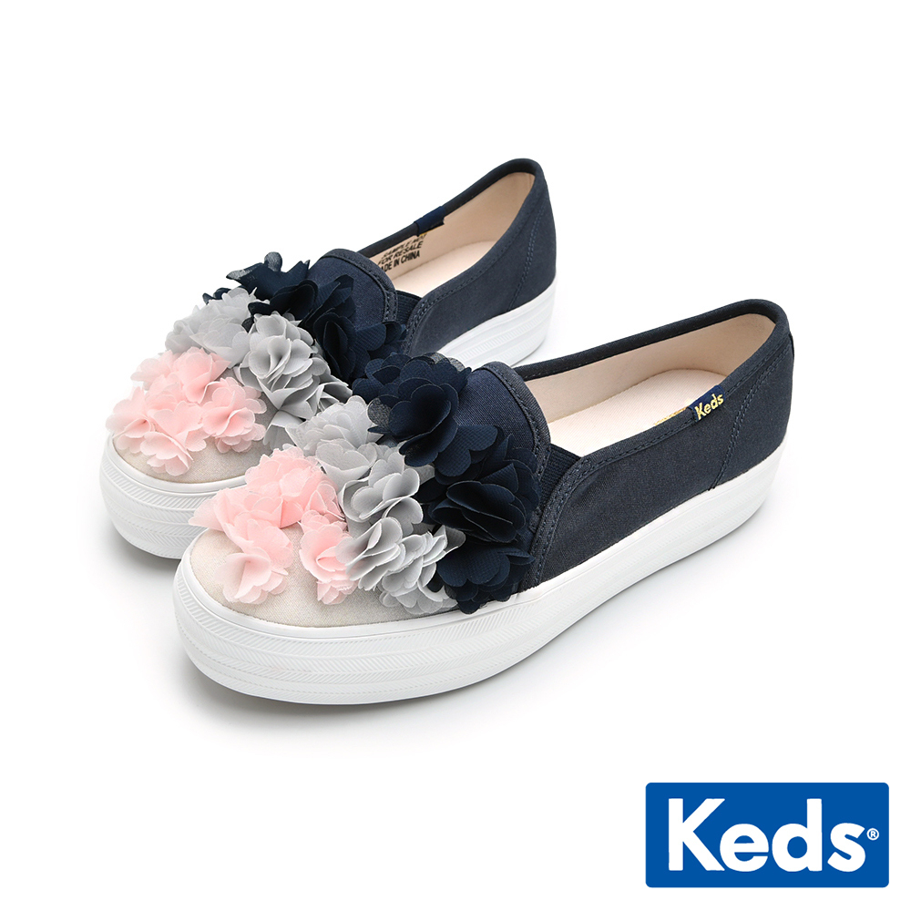 【Keds】TRIPLE DECKER 春夏限定厚底手工花卉懶人鞋-藍 (9232W133504)