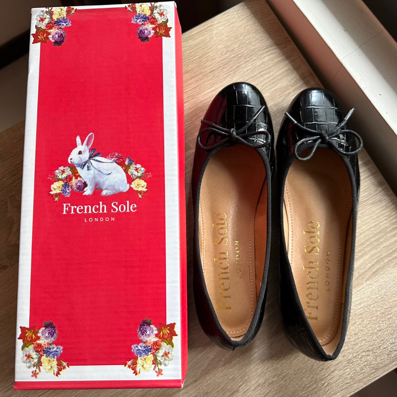 全新真品 英國品牌 French Sole 真皮低跟黑色娃娃鞋 芭蕾舞鞋型 義大利製造