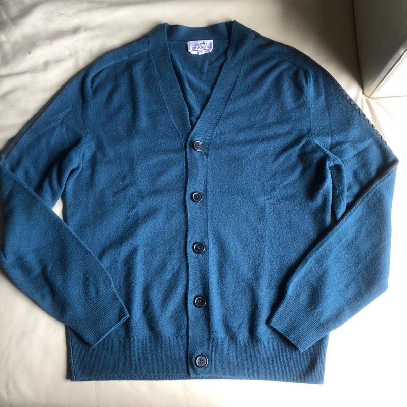 保證正品 HERMES 藍色 皮革裝飾 毛衣  外套 SIZE M