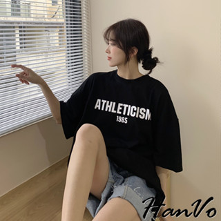 【hanvo】1985運動主義英文字母t 親膚透氣百搭顯瘦圓領短袖上衣 簡約日常t 女生衣著 a01-0035
