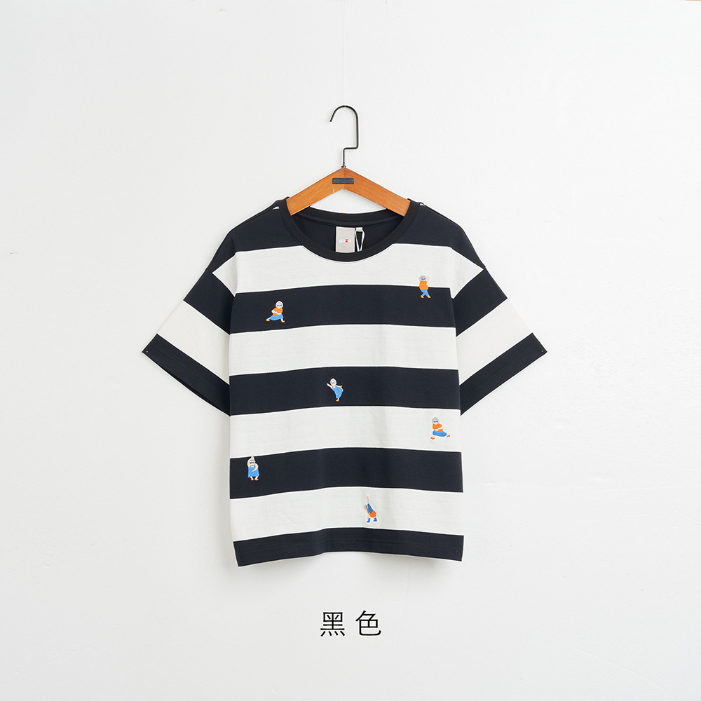 【gozo】軟Q奶奶寬條紋落肩T恤(黑色/咖啡_F) | 女裝 圓領 休閒