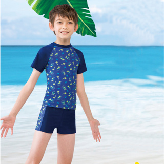 梅林泳裝 男童丈青鳳梨椰子樹短袖二件式泳衣 NO-M1224