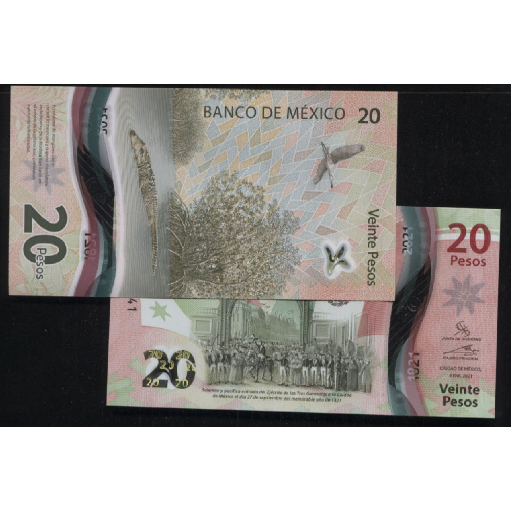【塑膠鈔】MEXICO (墨西哥), P136 , 20-PESO , 2021 ,品相全新UNC