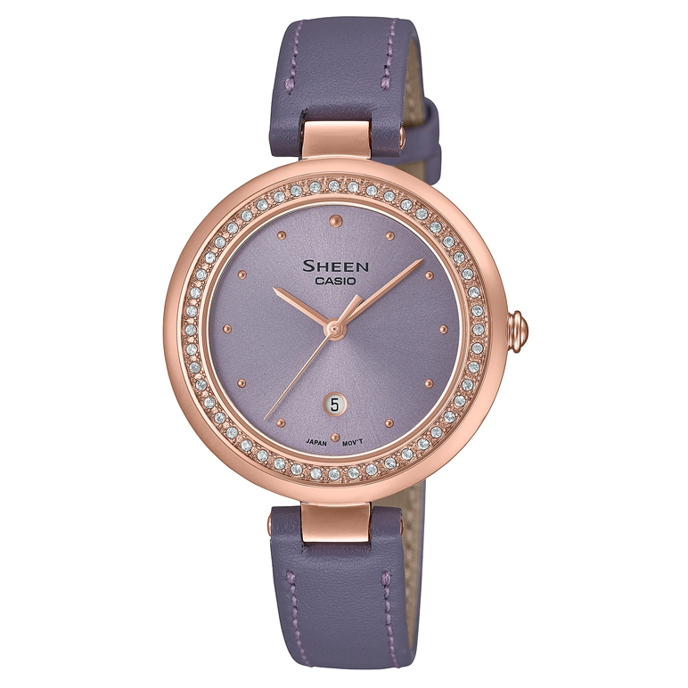 【CASIO 】SHEEN耀眼奢華水晶點綴錶圈日期顯示藍寶石皮帶腕錶-藍X粉紫(SHE-4556PGL-6A)正版公司貨