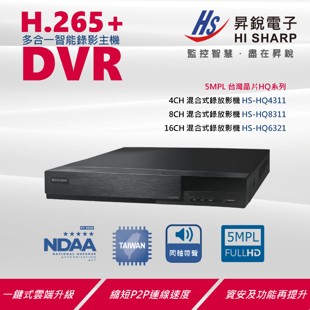 【阿宅監控屋】HiSharp昇銳 HS-HQ4311 多合一智能錄影主機 H.265 4路4音 同軸帶聲 台灣製 監視器