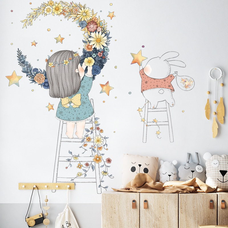 《很便宜》現貨 卡通 可愛 兔子 壁貼 🔥可移除不傷牆 牆貼  花朵 月亮 動物 天空 床頭佈置 兒童房 教室 裝飾