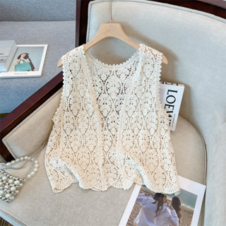 雅麗安娜 上衣 T恤 背心上衣夏季純棉寬鬆顯瘦鉤花編織馬甲女士鏤空外搭開衫1F022-917.