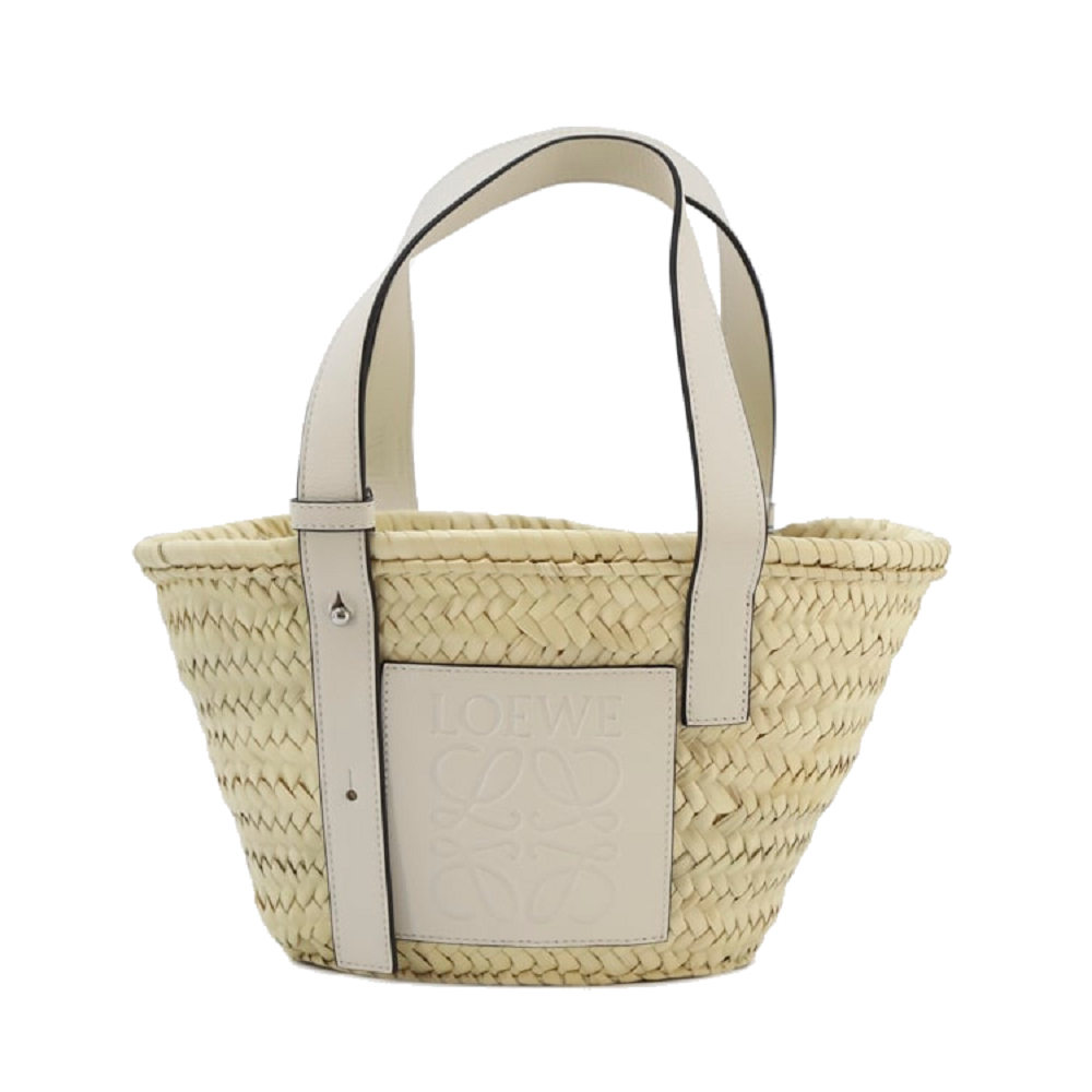 現貨全新正品 LOEWE Small Basket 小款 棕櫚葉拼小牛皮 托特包 編織包 草編包 原色 白色