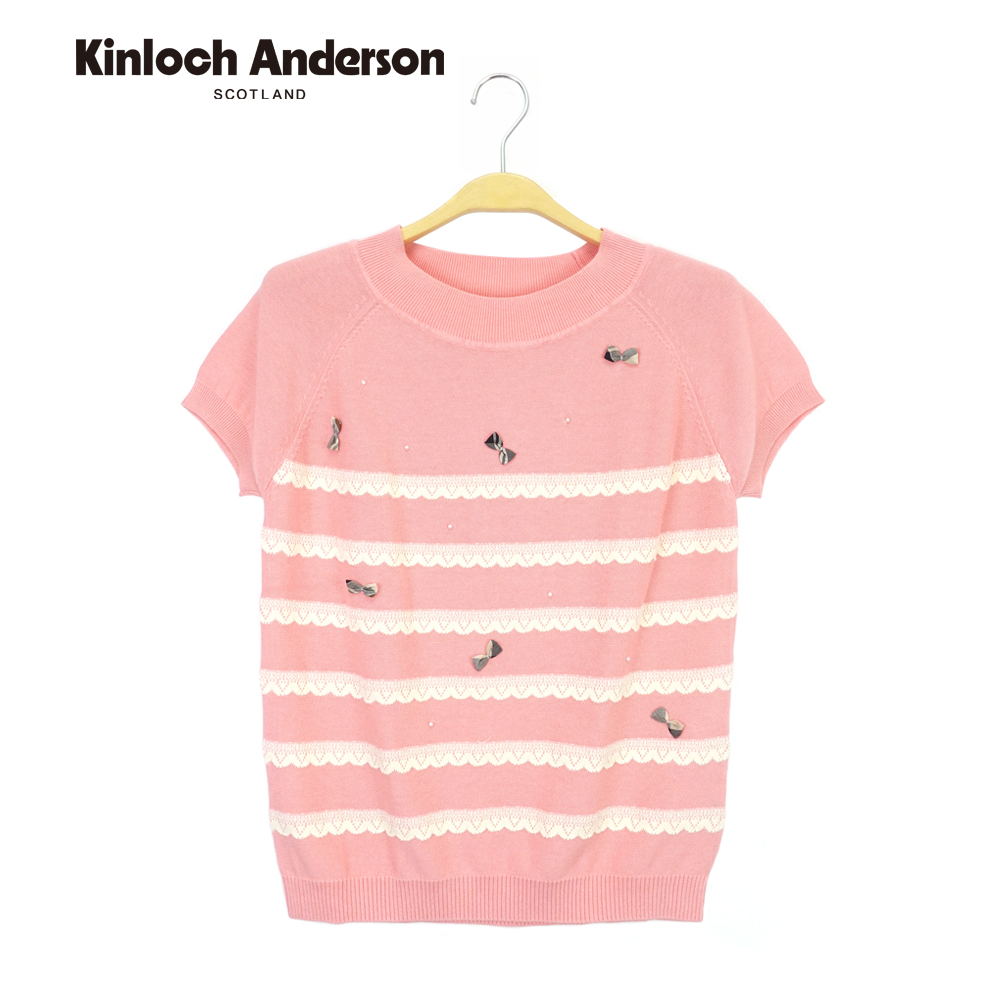 【金安德森女裝】 圓領短袖上衣 可愛蕾絲連袖滿版蝴蝶結針織T恤 粉紅 KA075900810