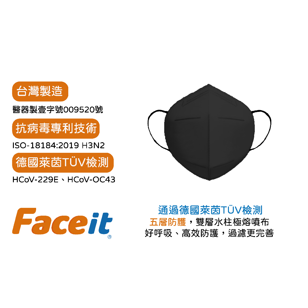 Faceit台灣衛生防護醫用口罩-黑色-30入/盒 德國萊茵TÜV Rheinland檢測 透氣不悶熱