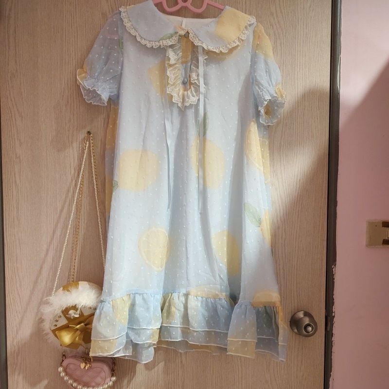 ［二手］To Alice 熊之工作室 淺藍色檸檬印花短袖連衣裙