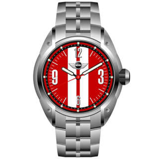 MINI SWISS WATCHES 石英錶 45mm 紅底白條錶面 不銹鋼錶帶-銀色