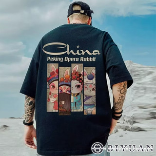 【OBIYUAN】短袖 出清 剩2XL 京劇 小兔 超彈力 落肩 t恤 寬鬆 上衣 衣服【SR2097】