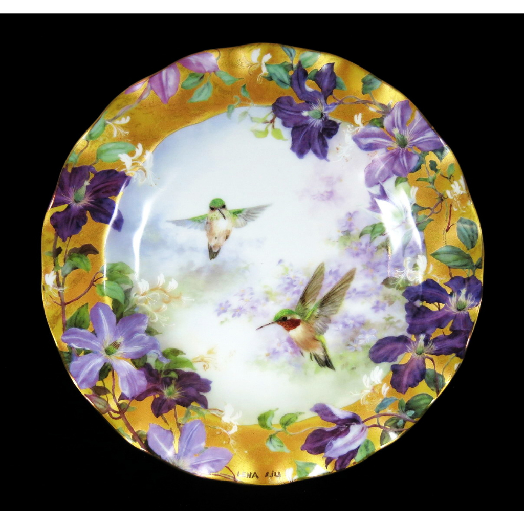 美國W S George 藝術家 Lena Liu 劉莉娜Ruby Splendor限量花卉蜂鳥重金瓷盤-B