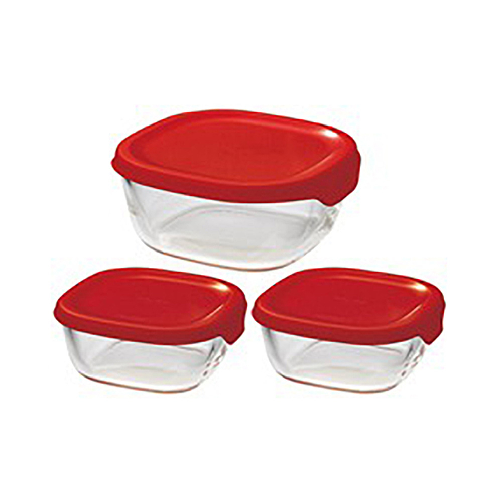 【日本HARIO】 玻璃保鮮盒3件組 紅色 - 共2款《拾光玻璃》耐熱玻璃 食物保存