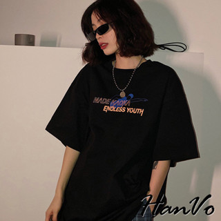 【HanVo】港風游泳印花短袖上衣 舒適親膚T恤 透氣百搭上衣 韓版寬鬆顯瘦修身 韓系女裝 女生衣著 A01-0092