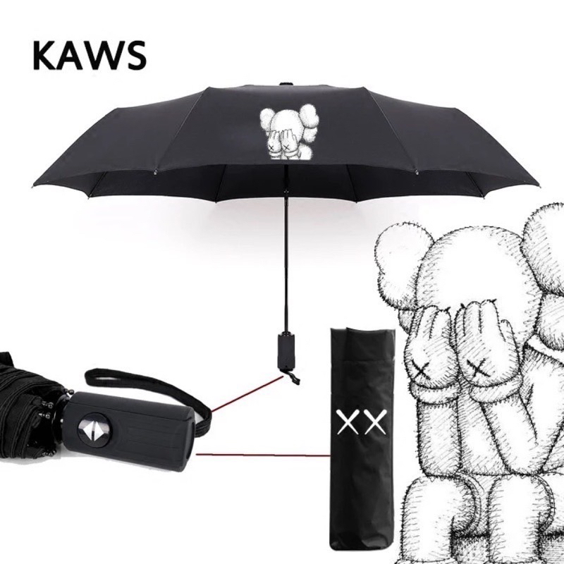 kaws潮牌雨傘xxOriginalFake街頭嘻哈黑膠自動開合晴雨傘#折疊傘自動傘23寸 10骨皮柄自動傘 （有膠