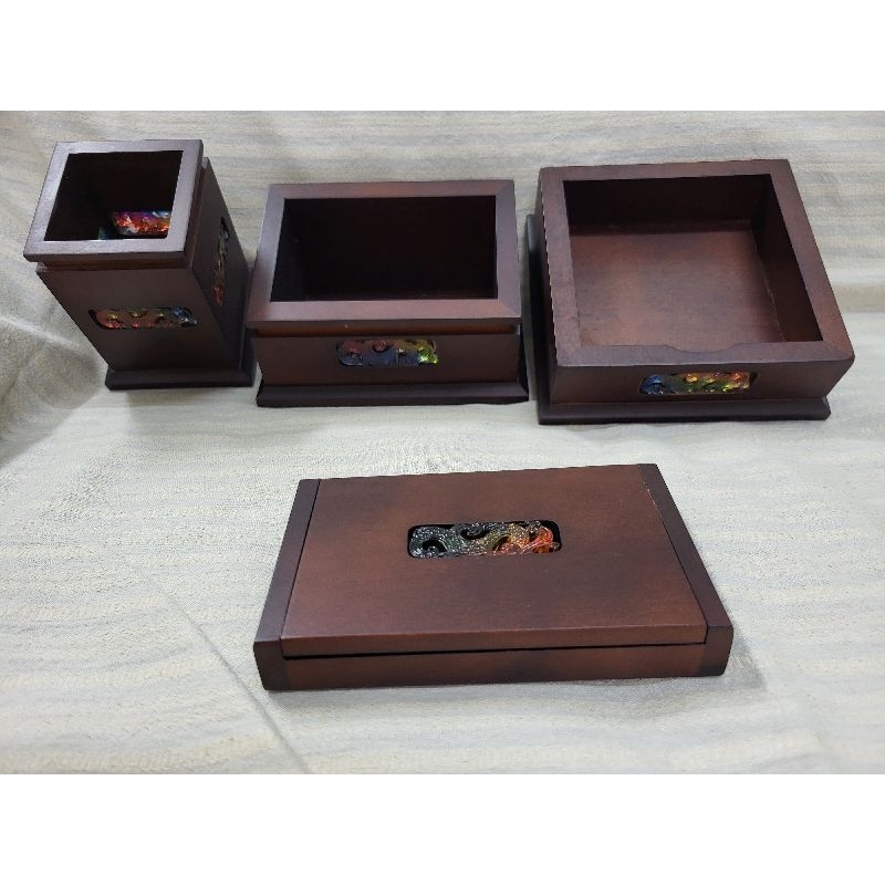 木頭+琉璃材質 桌面多層收納盒 筆筒 文具盒 木頭鑲嵌琉璃 多層收納首飾整理盒 化妝品盒