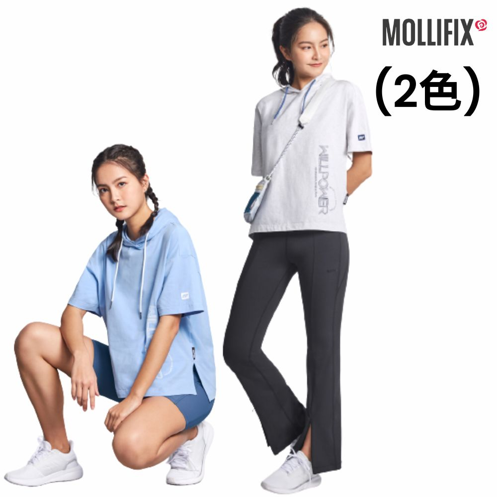 Mollifix 瑪莉菲絲 側開岔百搭短袖連帽T恤_2色(淺麻灰/天空藍)、瑜珈上衣、瑜珈服
