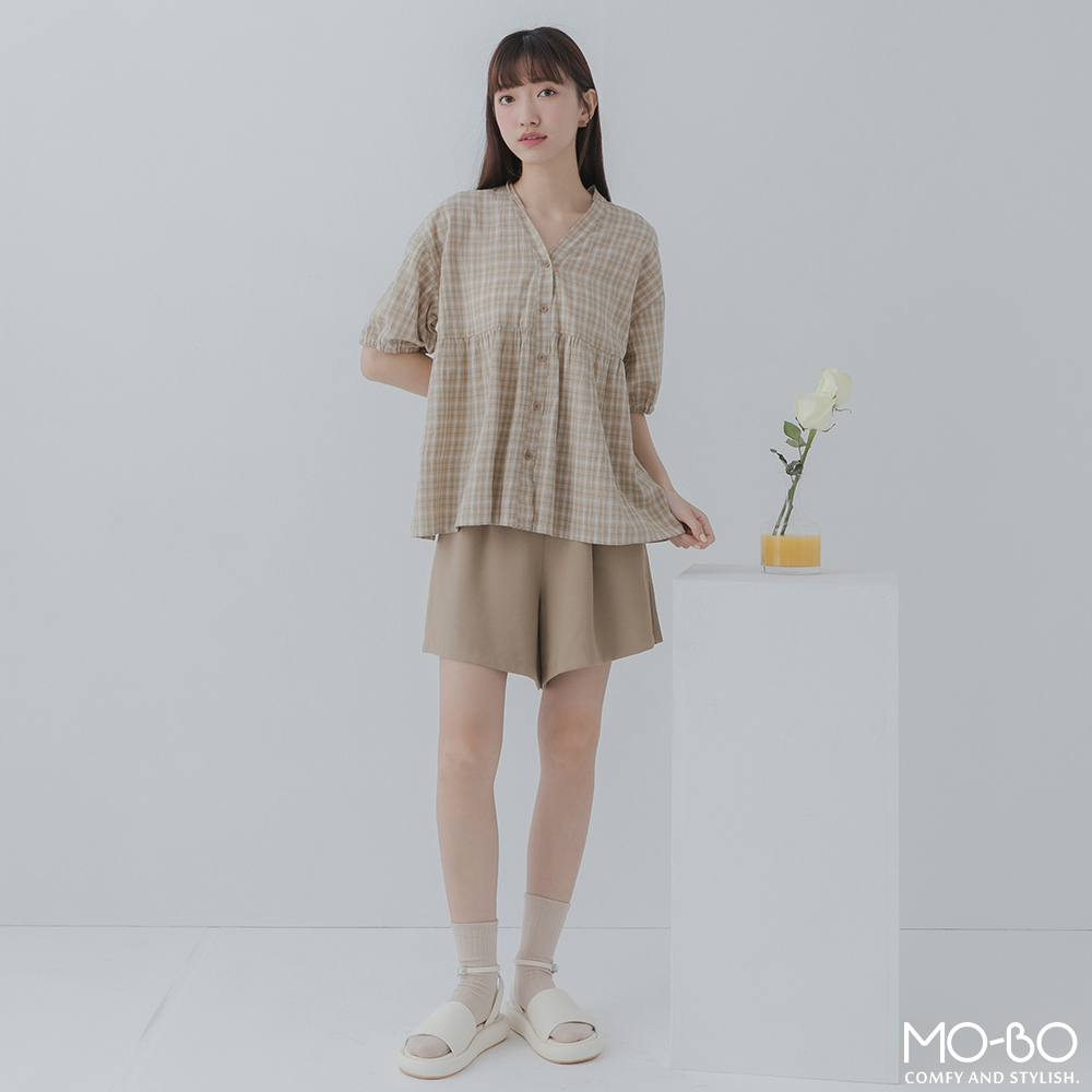 MOBO 澎袖傘襬小格紋棉質上衣 / 01160346