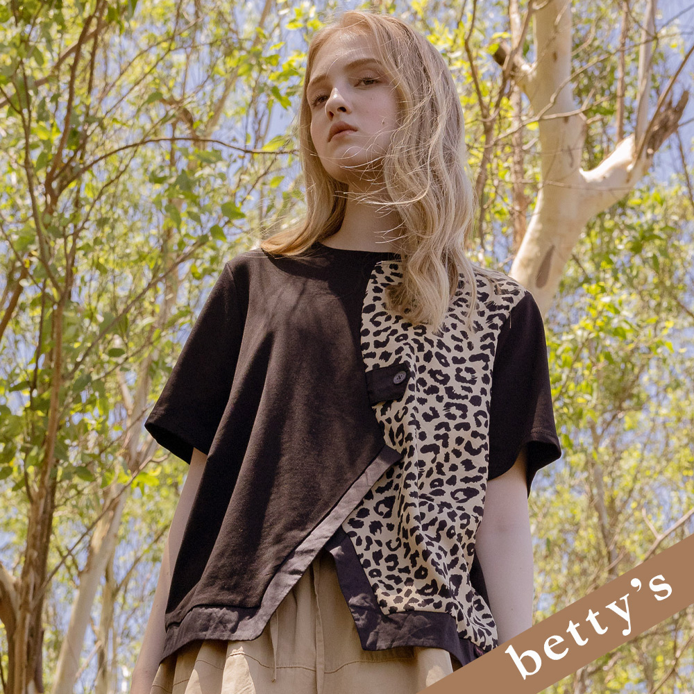 betty’s貝蒂思(25)豹紋拼接開岔短袖上衣(黑色)