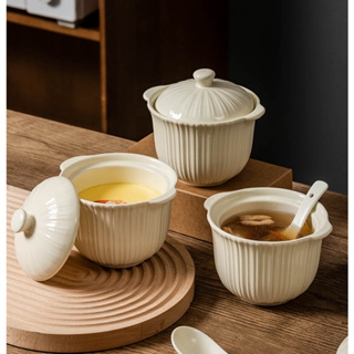 ❤川島❤陶瓷碗 燉蠱 隔水 甜品碗 雙耳碗 蒸蛋碗 帶蓋燉蠱 湯鍋 湯盅 燉盅 家用湯杯 送勺