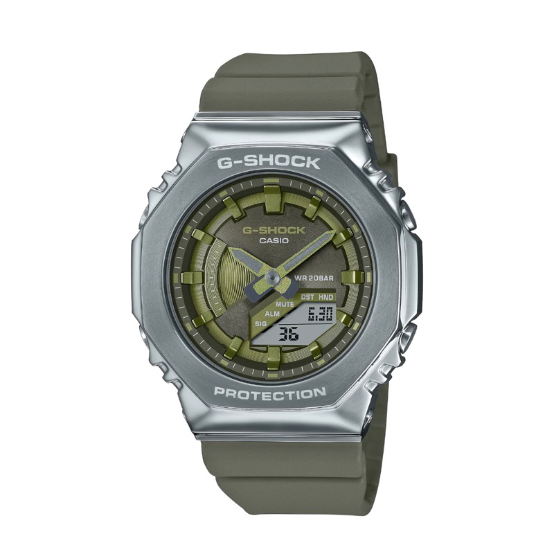 CASIO 卡西歐G-SHOCK 時尚金屬八角雙顯錶-銀綠(GM-S2100-3A)